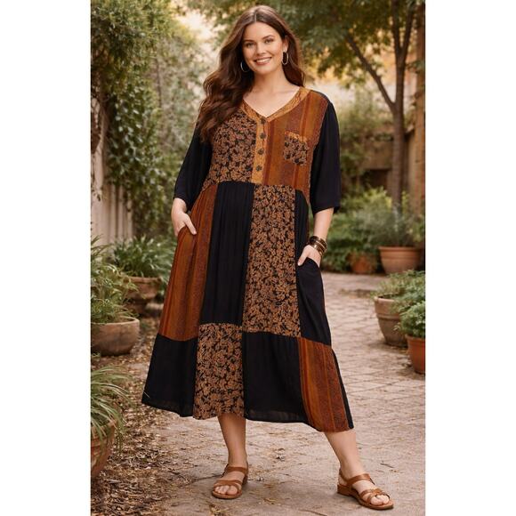 Silhouettes Vintage 90s Patchwork Midi Dress Artsy Boho Witchy Size 2X - Picture 7 of 7